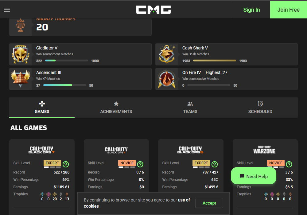 The Scheduled tab on a CheckMate Gaming profile page